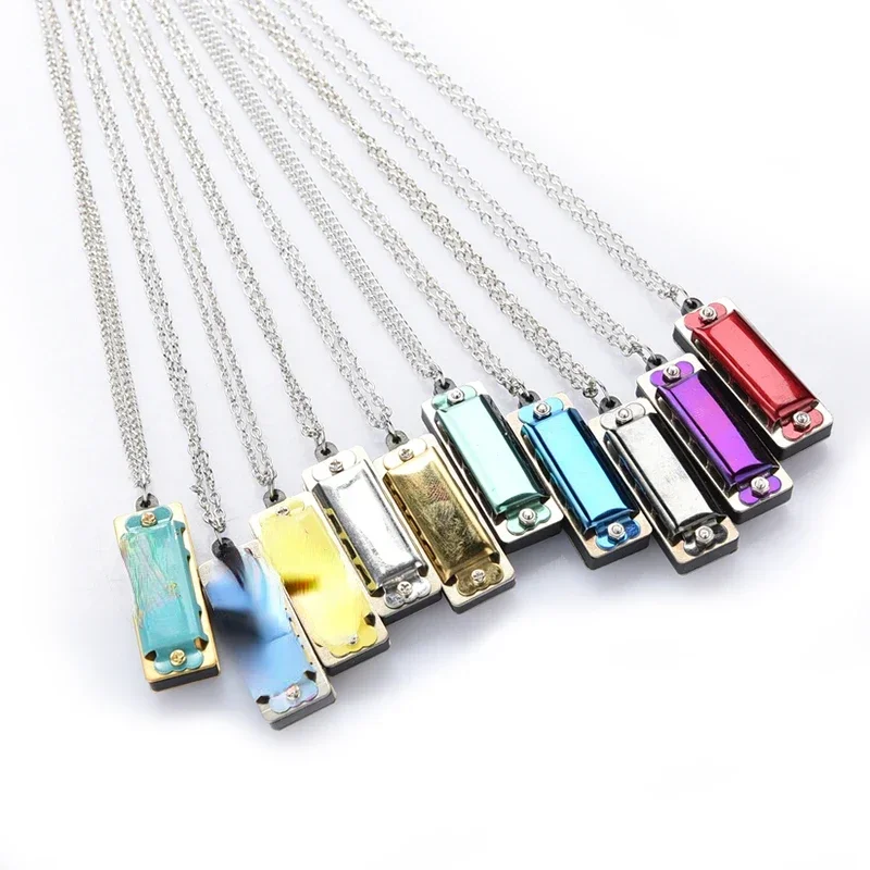 2pcs Mini 4 Hole 8 Tone Harmonica Metal Necklace Design Chain Gift Color Random