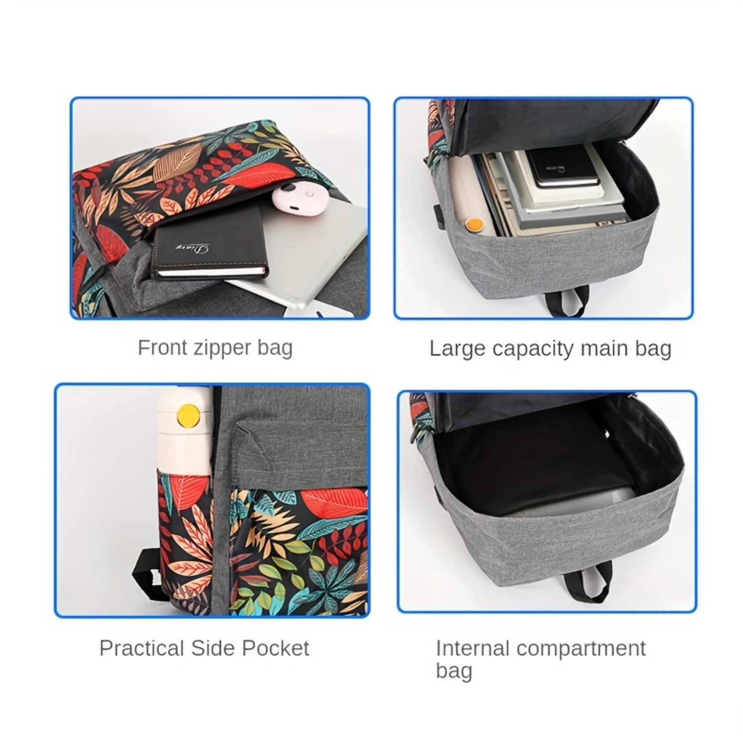 Classic Leaves Pattern Backpack Set, Large Capacity Travel Backpack with Shoulder Bag & Clutch Pouch