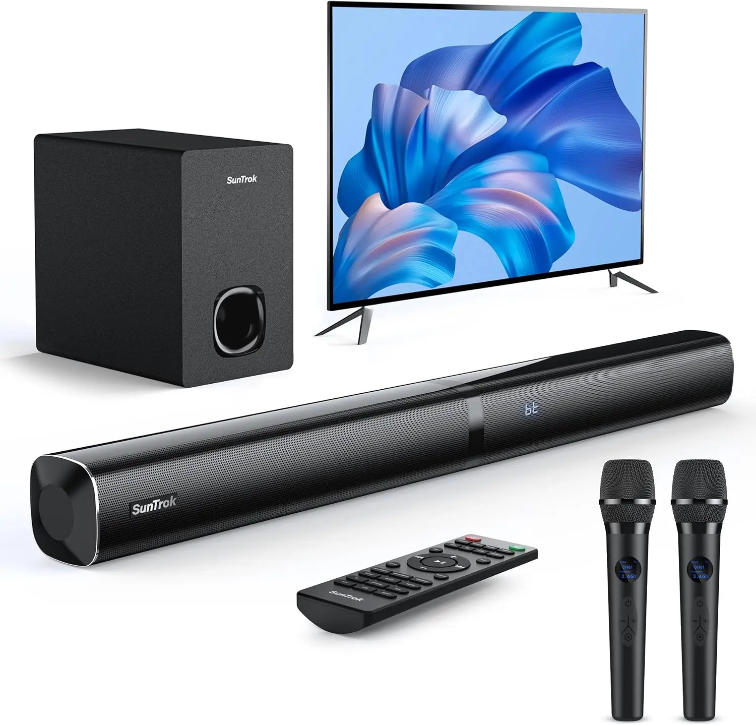 

Karaoke Soundbar with Subwoofer for TV Sound Bar with 2 Wireless Microphones Home Theater Surround Sound System Bluetooth