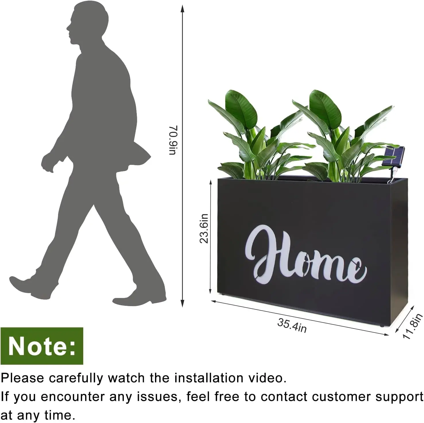 Metal Planter Box Rectangular Block - Galvanized Steel Long Planter Box with Solar Light Outdoor All-Weather Use with Drainage