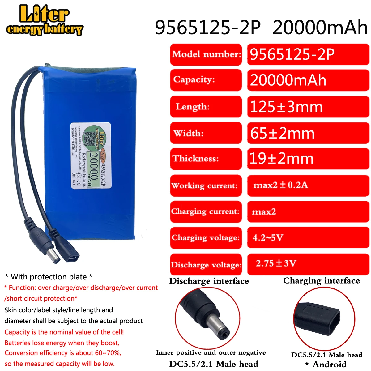 

Lipo Battery 5V 2A 9373129-2P 20000mah Booster Battery Small Microcontroller Intelligent Lock LED Lamp Power Supply 4.8V