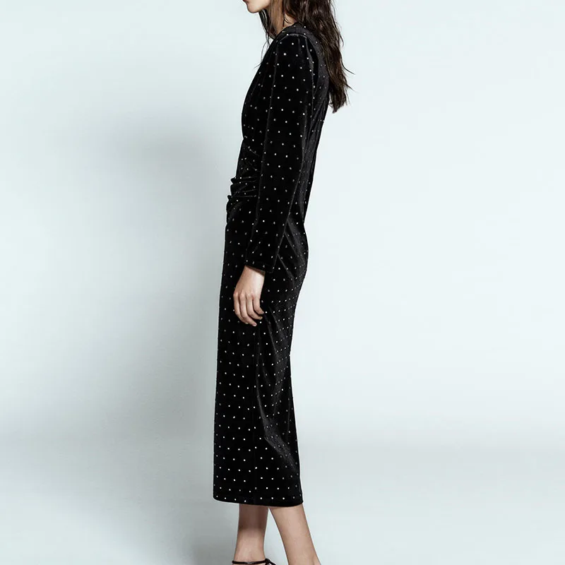 2016 حبة مزخرفة المخملية ميدي الدكتور مجموعة الشتاء الجديدة المرأة Faion Ele ثنيات ثوب للسيدات 25-35 سنة