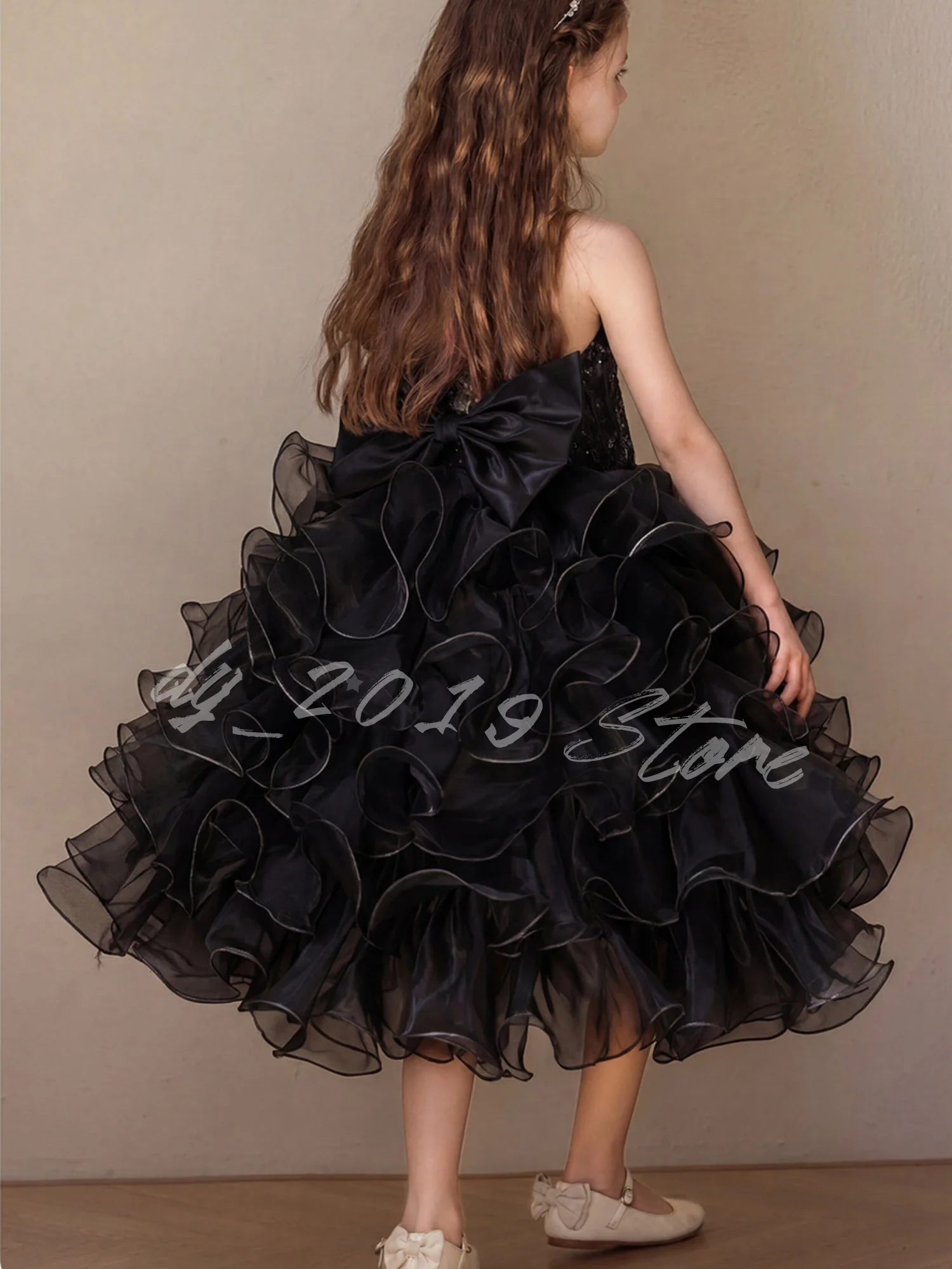 Black Flower Girl Dress Halter Sleeveless Full Sequin Bodice Multi-layer Ruffled Organza Midi Princess Gown for Birthday Party
