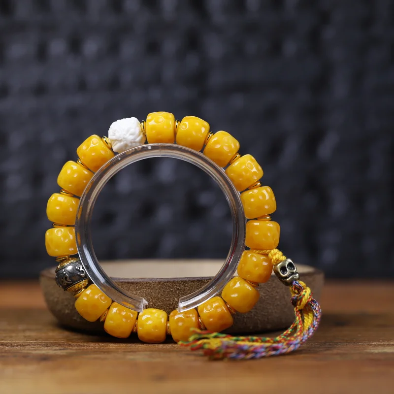 Tibetan Natural Yellow YakMen and Women Hand Toy Beads Ox Bone Bracelet