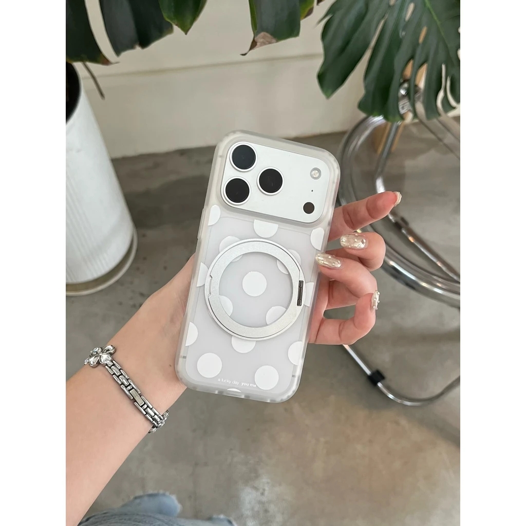 Korean Style Simple Matte Semi-Transparent White Polka Dot Magnetic 360° Holder Phone Cover Case for iPhone 17 16 15 Pro Max