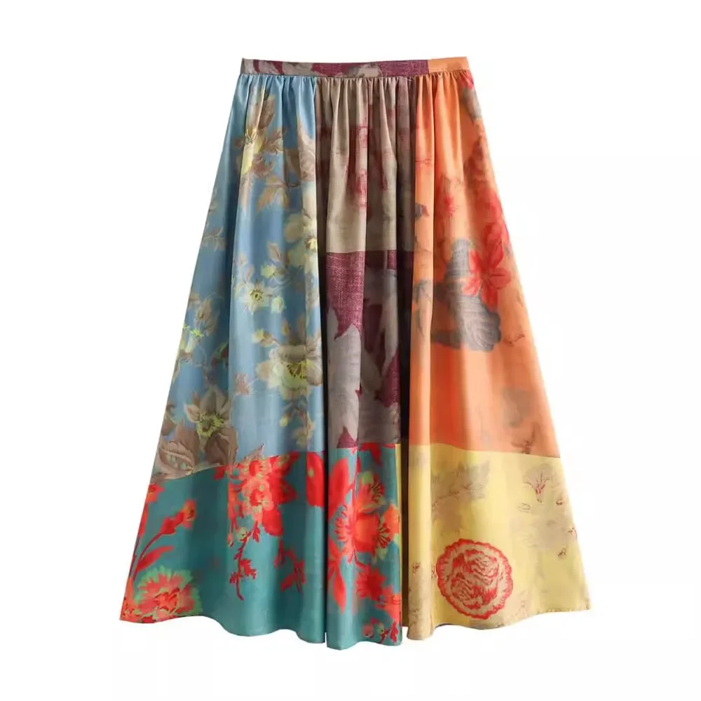 Women\'s Midi Skirt 2024 New Fashion Summer Printed Folds Skirt for Women Casual Chic Ladies Skirt