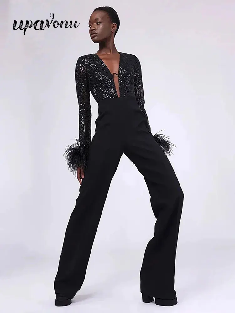 

2024 Sexy Women'S Sequin Jumpsuit With Deep V-Neck Long Sleeved Feather Design Bodycon Speaker Jumpsuit Evening Party Jumpsuit