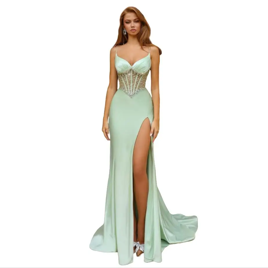 

Mint Green Evening Dresses Customized Side Slit Satin Party Gowns Transparent Corset Spaghetti Straps Beading Vestido De Novia