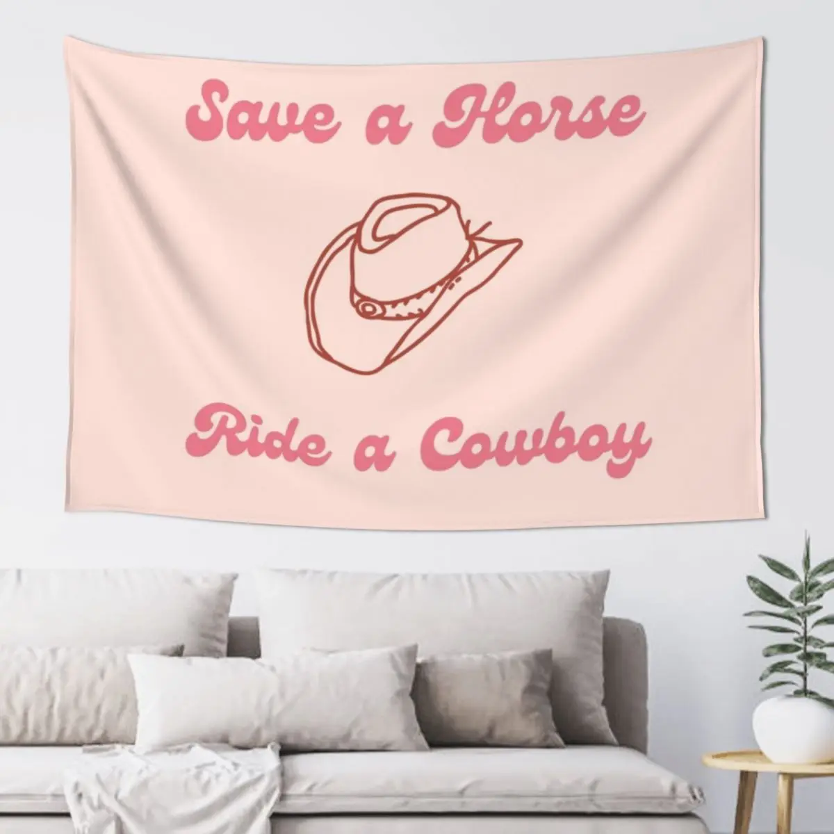 

Save a Horse, Ride a Cowboy pink and peach graphic with cute cowboy hat Tapestry Luxury Living Room Decoration Funny Tapestry