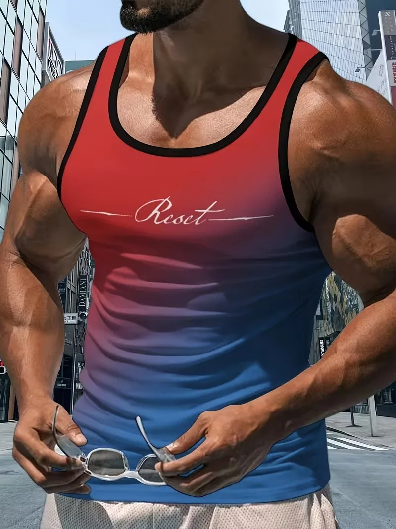 Fashion gradient color Print Graphic Men Round Neck Quick Drying Fitness Running Tank Top Leisure