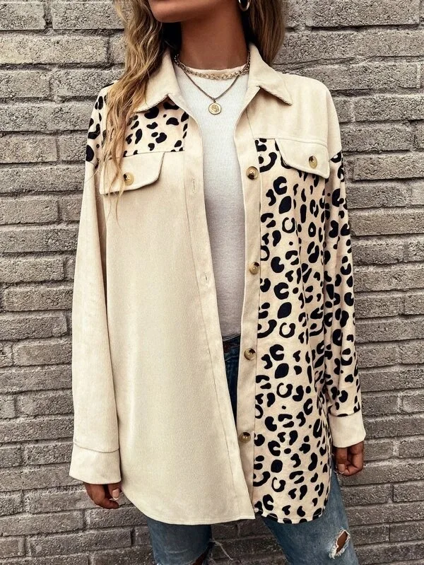 Leopard Print Color Block Jacket, Versatile Long Sleeve Single Breasted Outwear For Fall, Women's Clothing