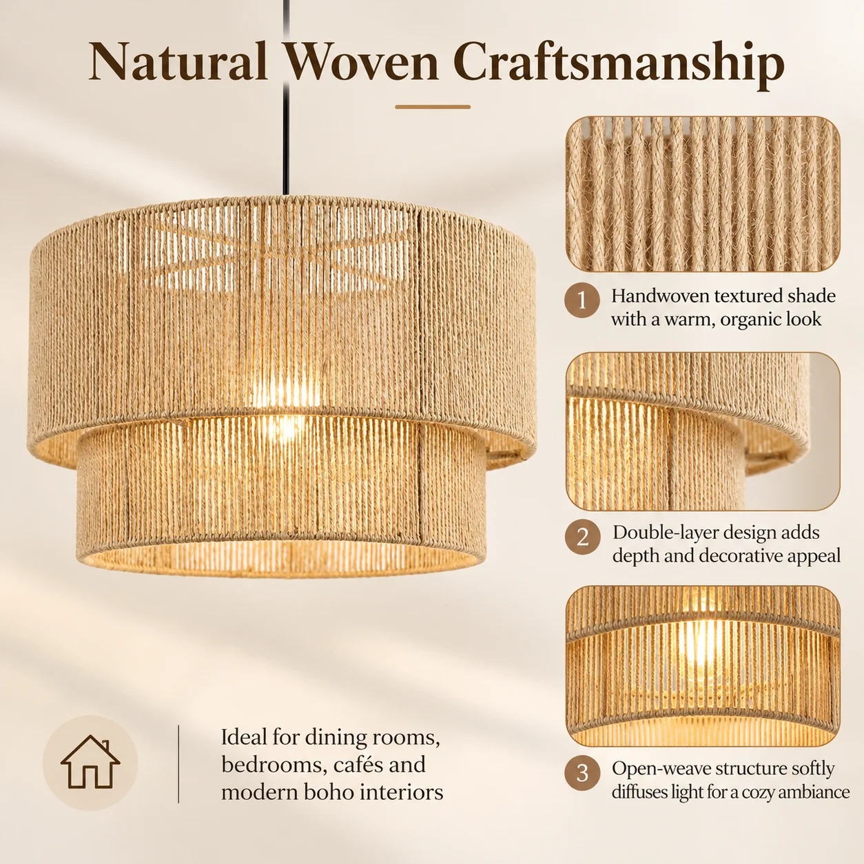 JOYINLED 45CM Rattan Chandelier Light E27 Handmade Wicker Lampshade Layer Woven Pendant Lamp Fixture for Dining Room Boho Decor