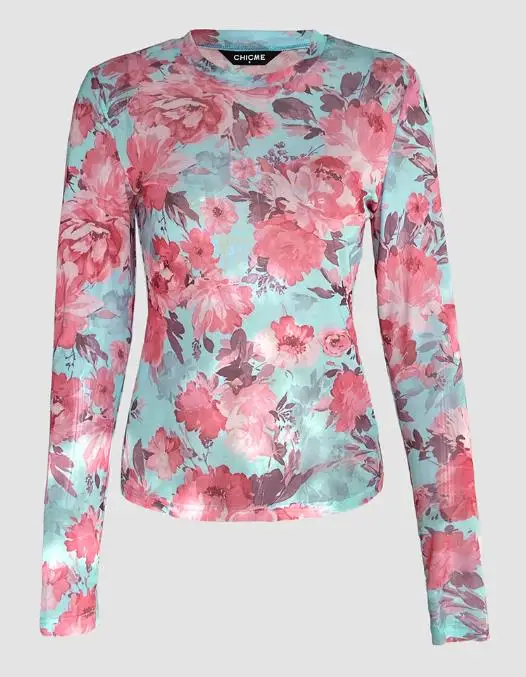 

2026 Elegant Sexy Watercolor Floral Print O-Neck Long Sleeve Mesh Tee Slim Fit Semi Sheer Layering Top with Thumb Hole Cuffs
