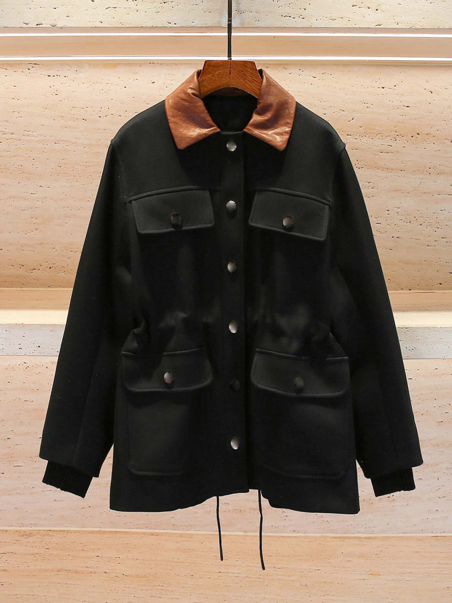 

M Home Nan You Высококачественная женская модная рабочая одежда Sle в стиле пэчворк с кожаным воротником и шнурком Верхняя одежда на осень-зиму