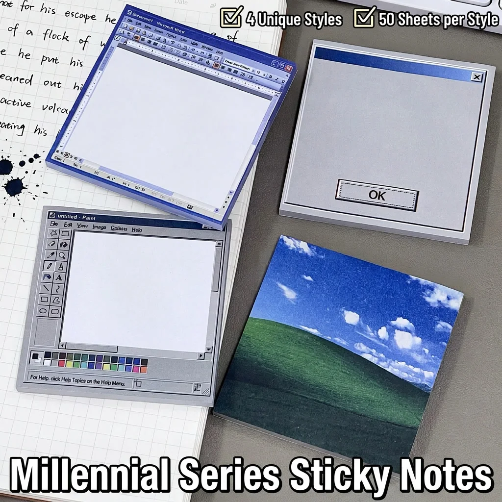 Set of 4 Pcs Vintage Y2K Computer‑Window Sticky Notes, 50 Sheets Per Pad, Self‑Adhesive Creative DIY Memo Notepads