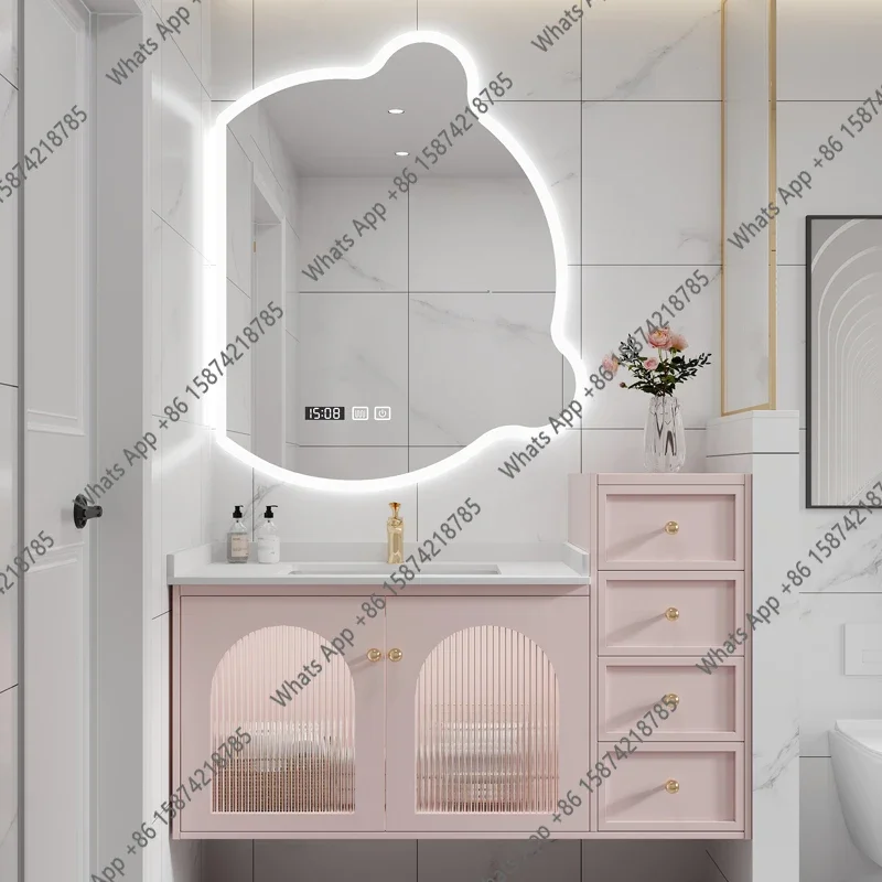 

Тумбы для ванной VK Light Luxury Smart Rock Board в комбинации с раковиной Nordic Hand Wash Basin, из массива дерева, с зеркалом Net Red Bear