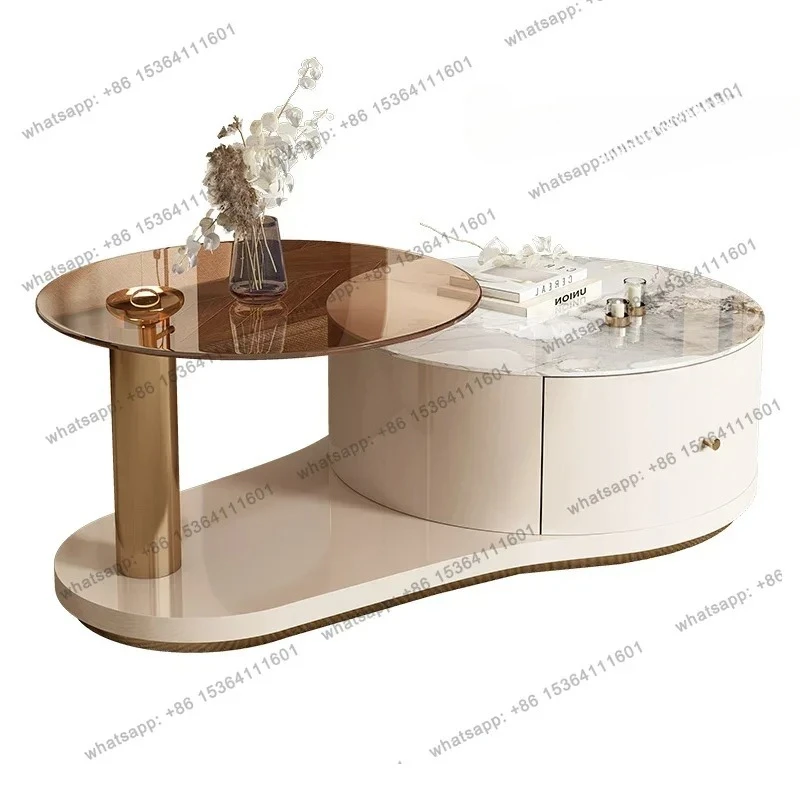 

Cream wind creative rock slab coffee table small apartment household round modern simple glass with storage