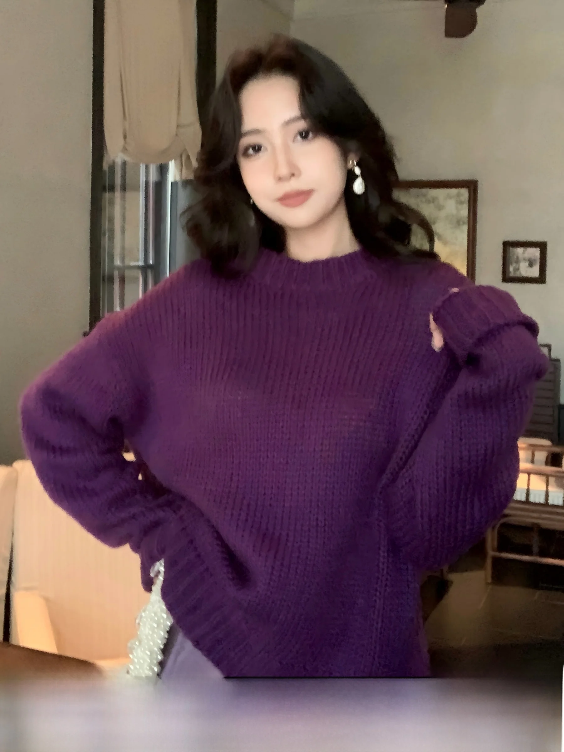 

Loose Fit Long Sleeve Knitted Sweater Pure Color round Neck Shoulder Insertion Cotton Yarn Thickened Casual Style for Women