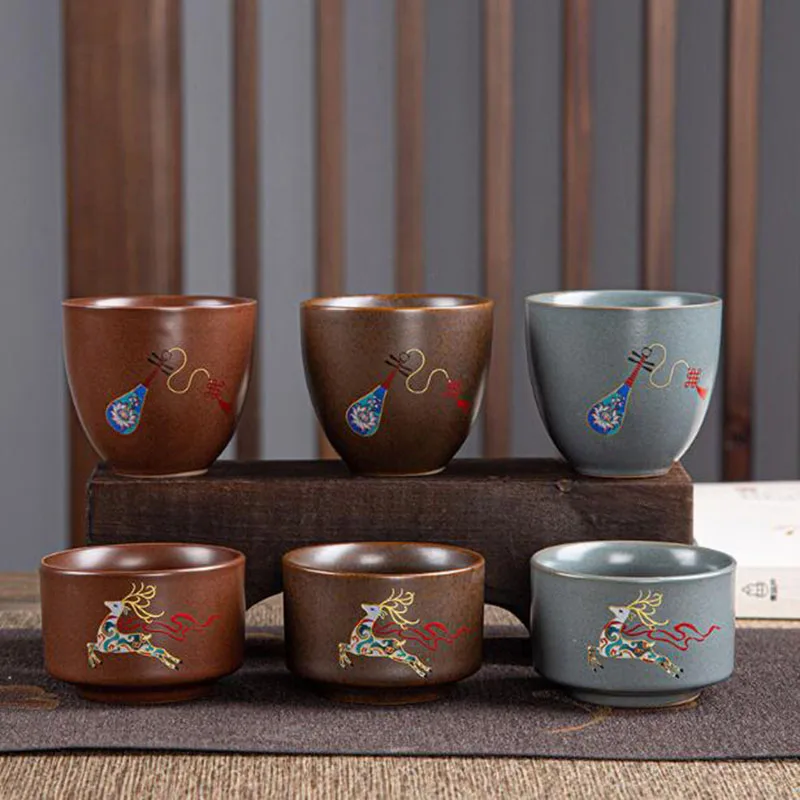 Ceramic Kungfu Tea Cup Retro Kiln Transformation Tea Bowl Deer Pipa Pattern Teacups Kitchen Drinking Accessories