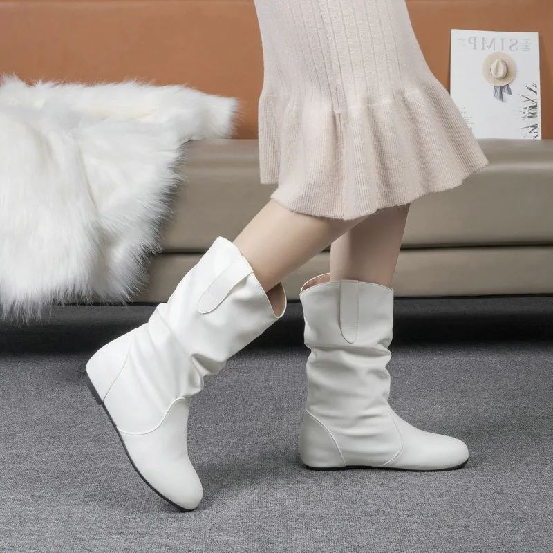 

Girls Mid-Calf Boots Women Flat Shoes Spring Autumn Women High Boots Long Western Cowboy Boots Women Footwear Large Size 30-43