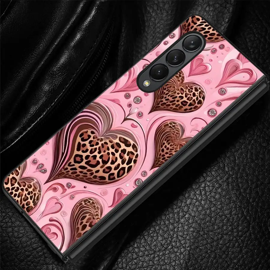 Leopard Print Heart Pattern Case for Samsung Galaxy Z Fold 8 Ultra ZFold3 Z Fold 7 6 5 4 3 ZFold4 ZFold7 ZFold5 ZFold6 Phone