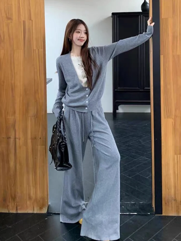 

Повседневный комплект с v-образным вырезом, искусственный двухсекционный свитер с длинными рукавами, женский осенний комплект 202, широкие брюки с высокой талией, комплект из двух предметов