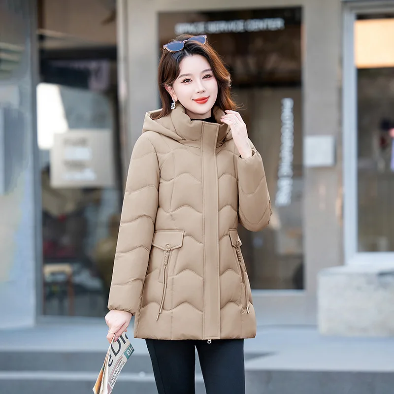 Women Parkas Coat Solid Mid Length Jacket Detachable Hooded Zipper Pocket Long Sleeve Thick Slim Office Lady Casual 2025 Winter
