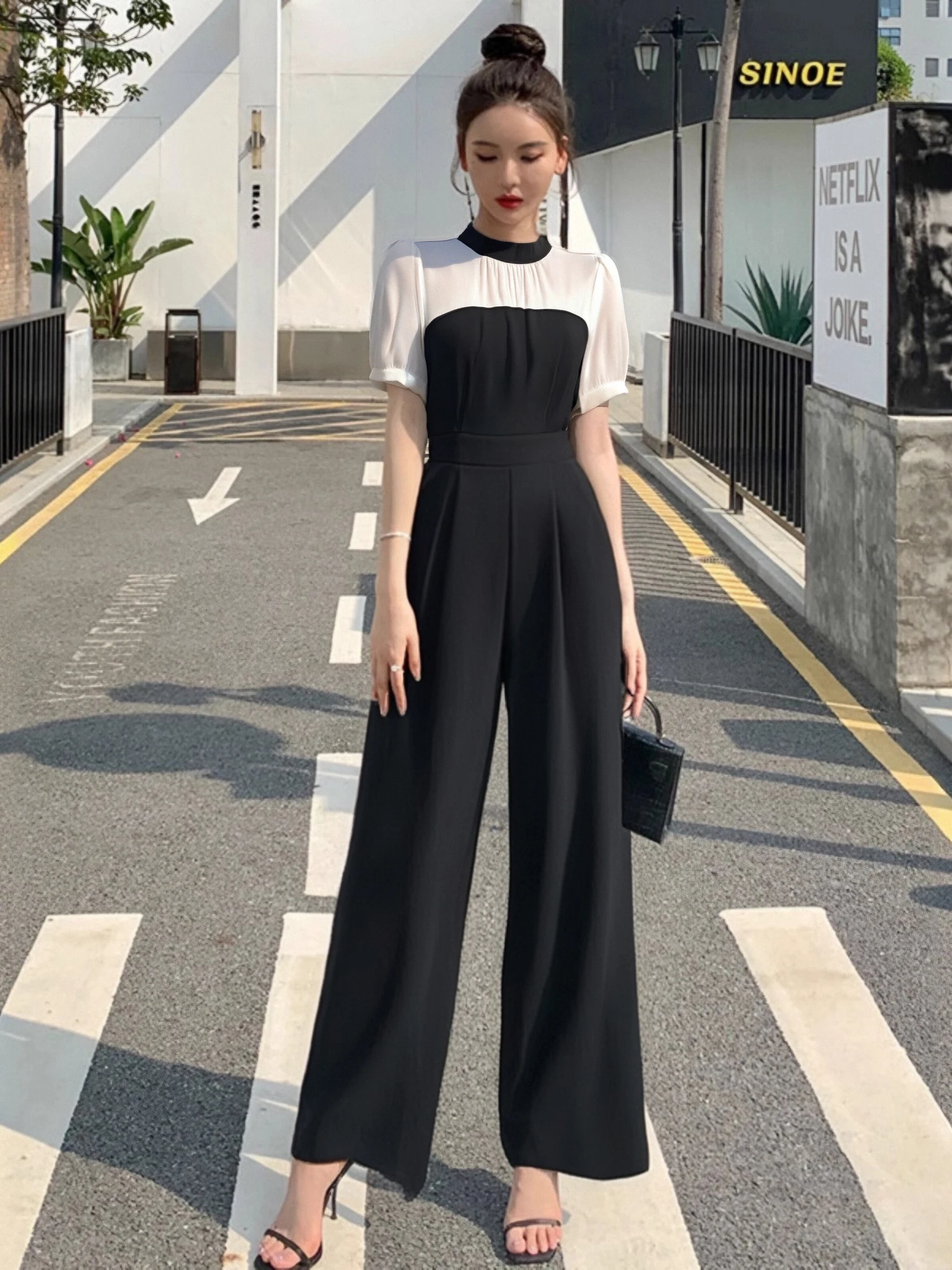 بدلة نسائية صيفية أنيقة بقطعة واحدة على طراز هيبي، بنطلون واسع الساق عالي الخصر، مصنوعة من ألياف البوليستر بسماكة عادية