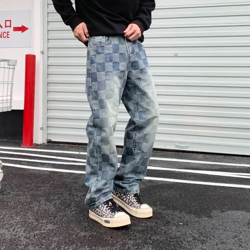 Blue Washed Loose Straight Men's Plaid Printed Jeans Casual High Street Vintage Y2k Pants Stock Jeans Trousers for Men