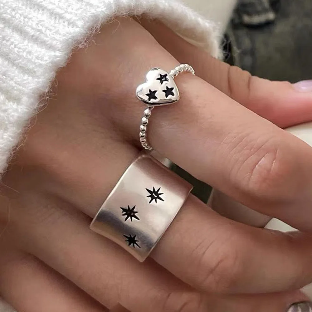 BF CLUB 925 Sterling Silver Rings For Women Girl Female Open Minimalist Retro Stars Ring Creative Anillos Bague Fine Jewelry