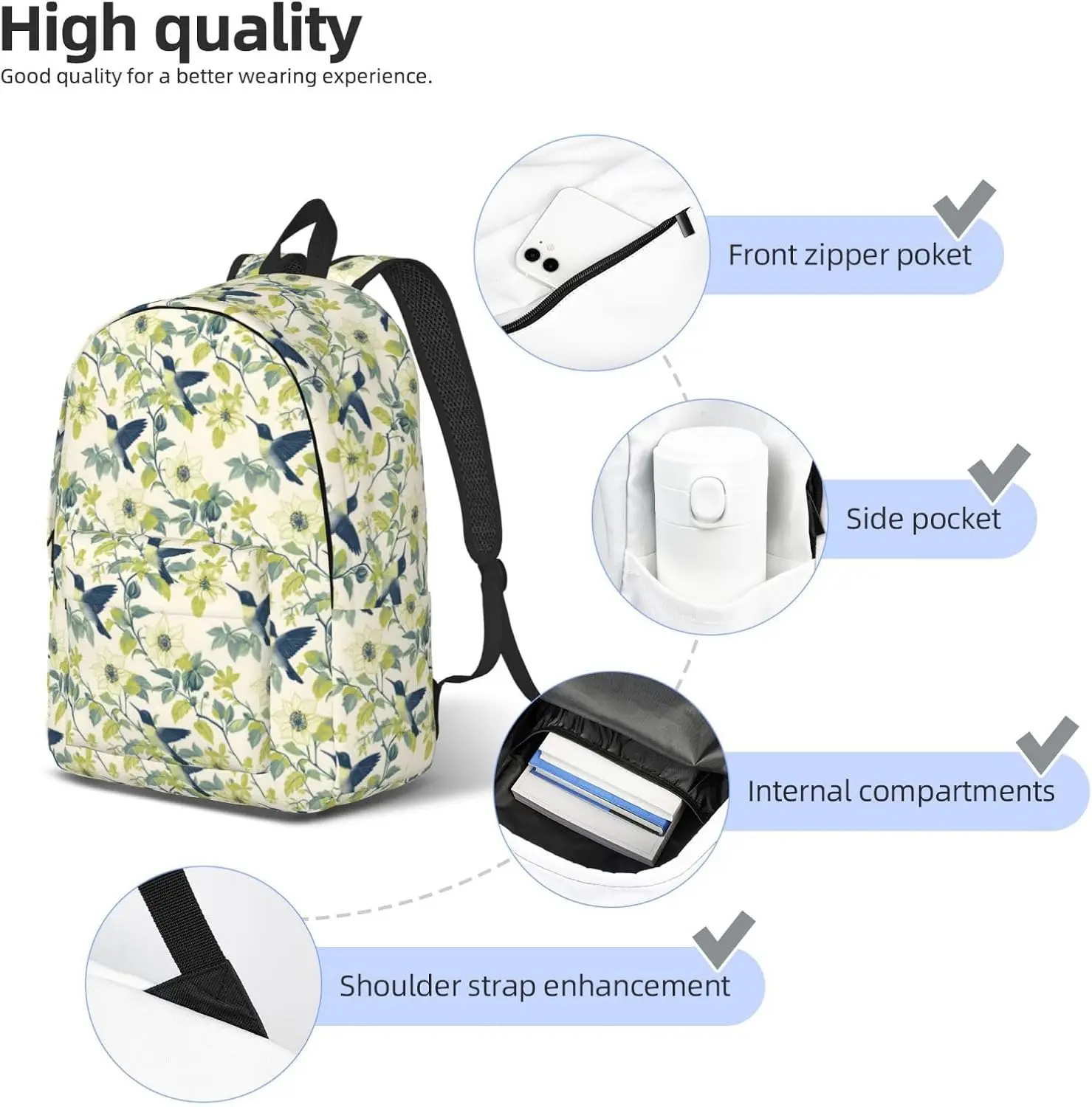 حقيبة ظهر للسفر للنساء والرجال من Green Plant Hummingbirds مطبوعة من القماش حقيبة ظهر بسيطة وحديثة للمشي لمسافات طويلة