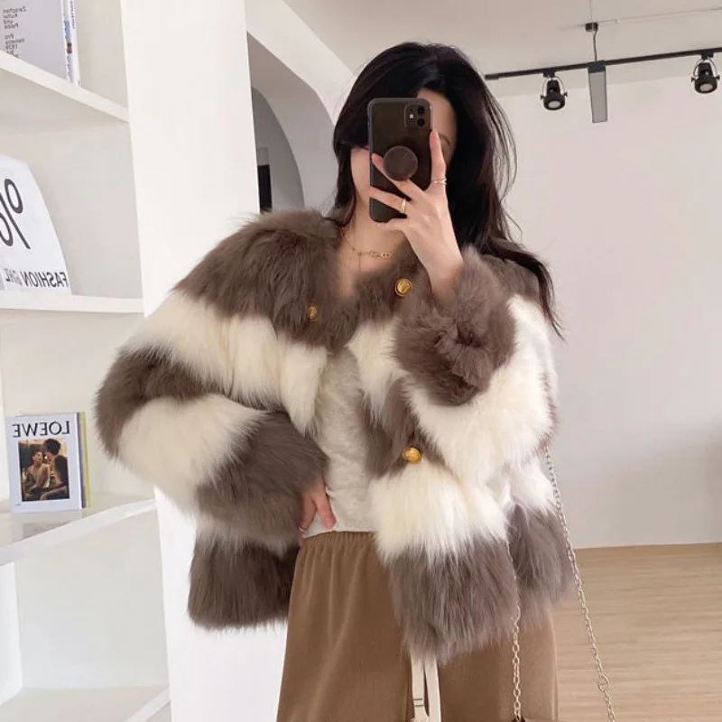 Women Faux Fur Coat Female Advanced Sense Fashion Color Contrast Short Outcoat Winter Thickened Warm Casual Versatile Outerwear