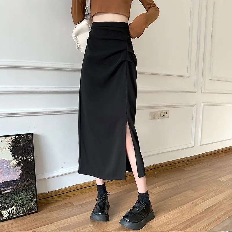 Midi Skirts Women Elegant Office Lady Folds Designed Chic Side-slit Spring Aesthetic Faldas Korean Style Daily All-match Temper