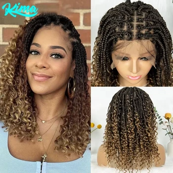 Kima-peluca trenzada con trenzas bohemias cortas, pelucas trenzadas bohemias de encaje completo, pelo rizado sintético con pelo de bebé para mujeres negras