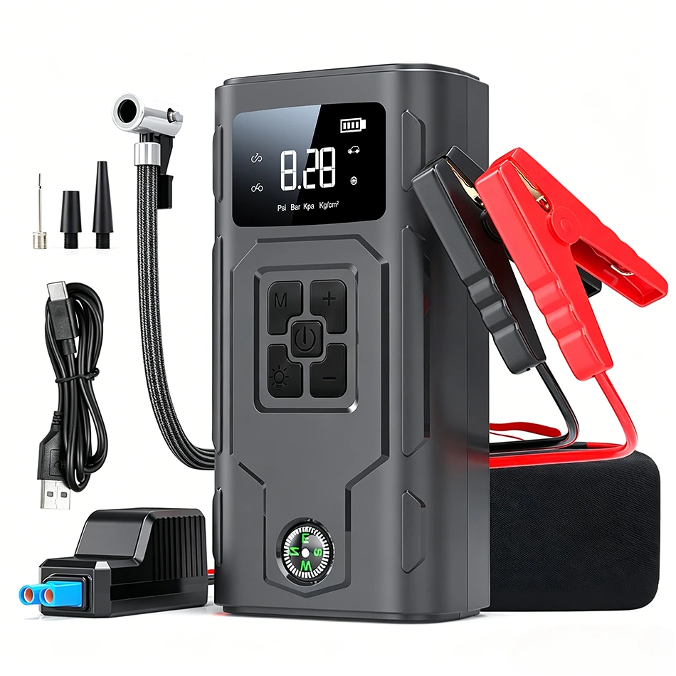 Portable Car Jump Starter with Air Compressor Tire Inflator, Emergency Power Bank with LED Light for Roadside Emergency