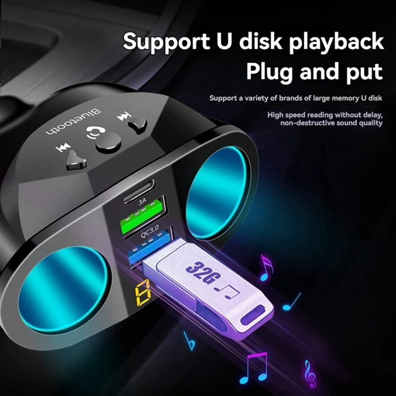 66W USB typu C Odtwarzacz MP3 Ładowarka samochodowa Jeden do czterech nadajnik FM QC 3.0 Szybkie ładowanie Ładowarka samochodowa