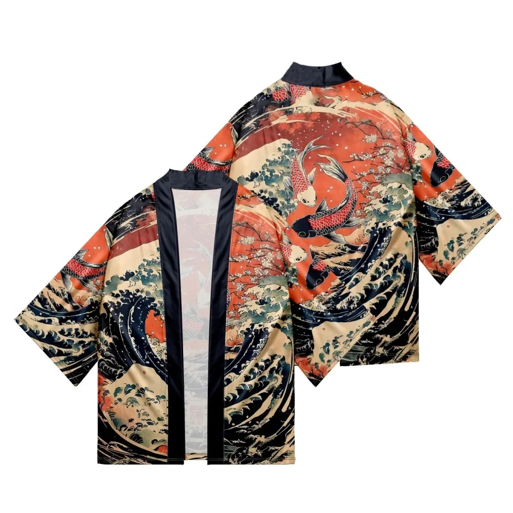 

2025 Summer Beach Shirt Women Yukata Japanese Ukiyo-e Carp Print Haori Fashion Casual Cardigan Kimono