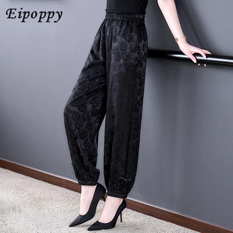 بنطلون حريم أسود رفيع مربوط بكاحل ، حرير حقيقي جامبيرد ، بنطلون فانوس أنيق ، لفافة حرير جوانج ، الصيف