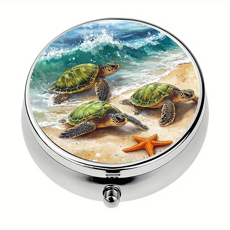 Single pack, mini pill box with 3 compartments, cute turtle shape, portable pill and vitamin storage box, metal vitamin organizer, suitable for putting in a handbag, unique and perfect gift