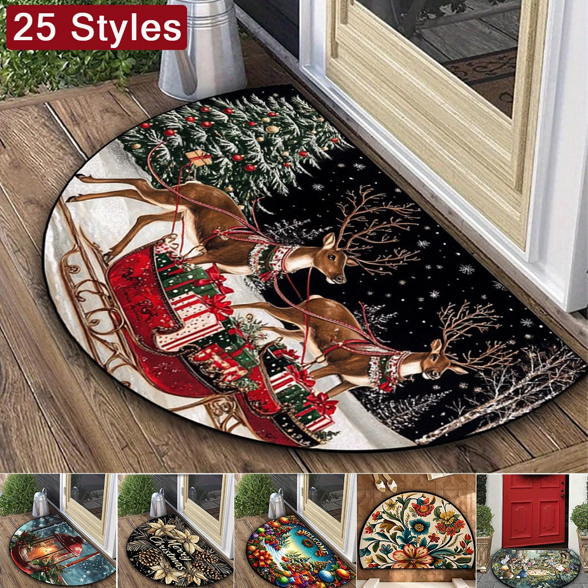 

25-стильный полукруглый рождественский ковер, прихожая, противоскользящий и грязеотталкивающий коврик, декоративный напольный коврик для спальни