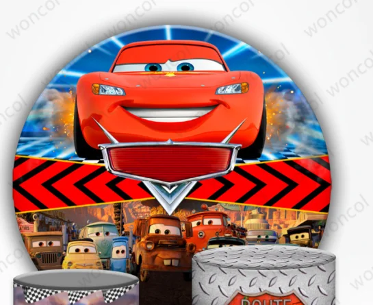 Mcqueen Round Backdrop Disney Cars Racing Car Backdrop Baby Shower Boy Birthday Circle Cylinder Cover Party Decorations Prop