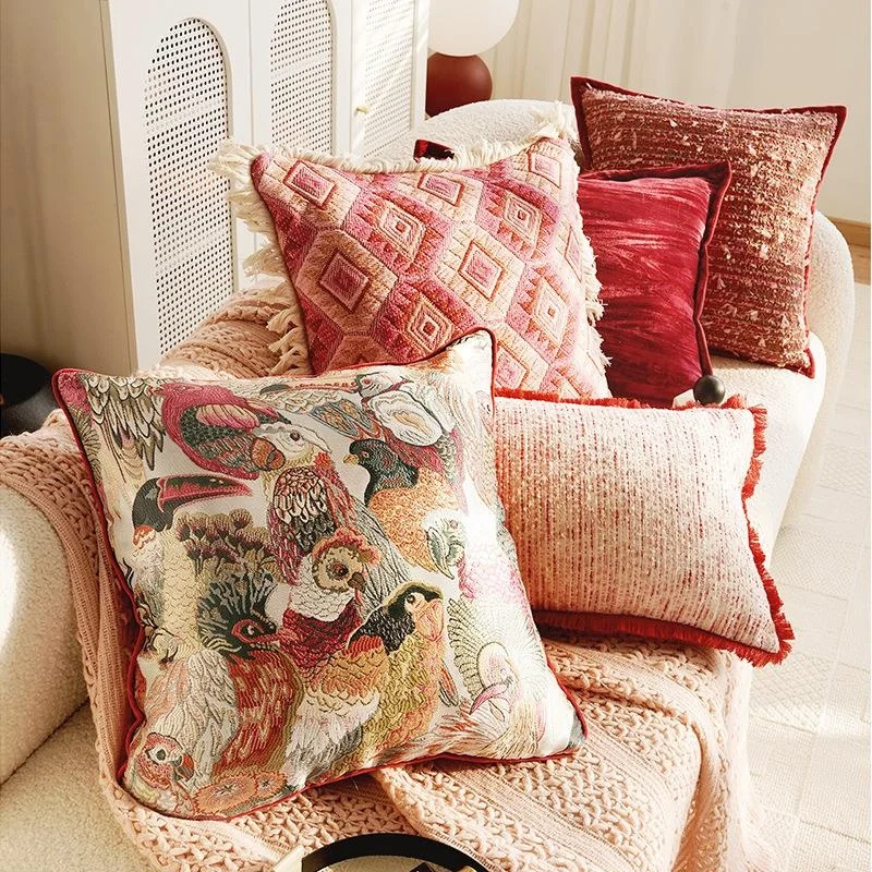 

Red Pillow Cover Vintage High-End Sofa Living Room Window Cushion Cover Modern Simple Style Canvas Material