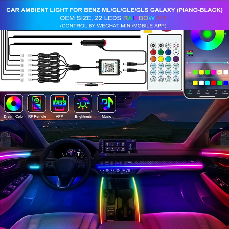 

22 in 1 Car Interior Acrylic Guide Fiber Strip Symphony Ambient Light For Mercedes-Benz 12-15 ML/13-15 GL/15-19 GLE/16-19 GLS