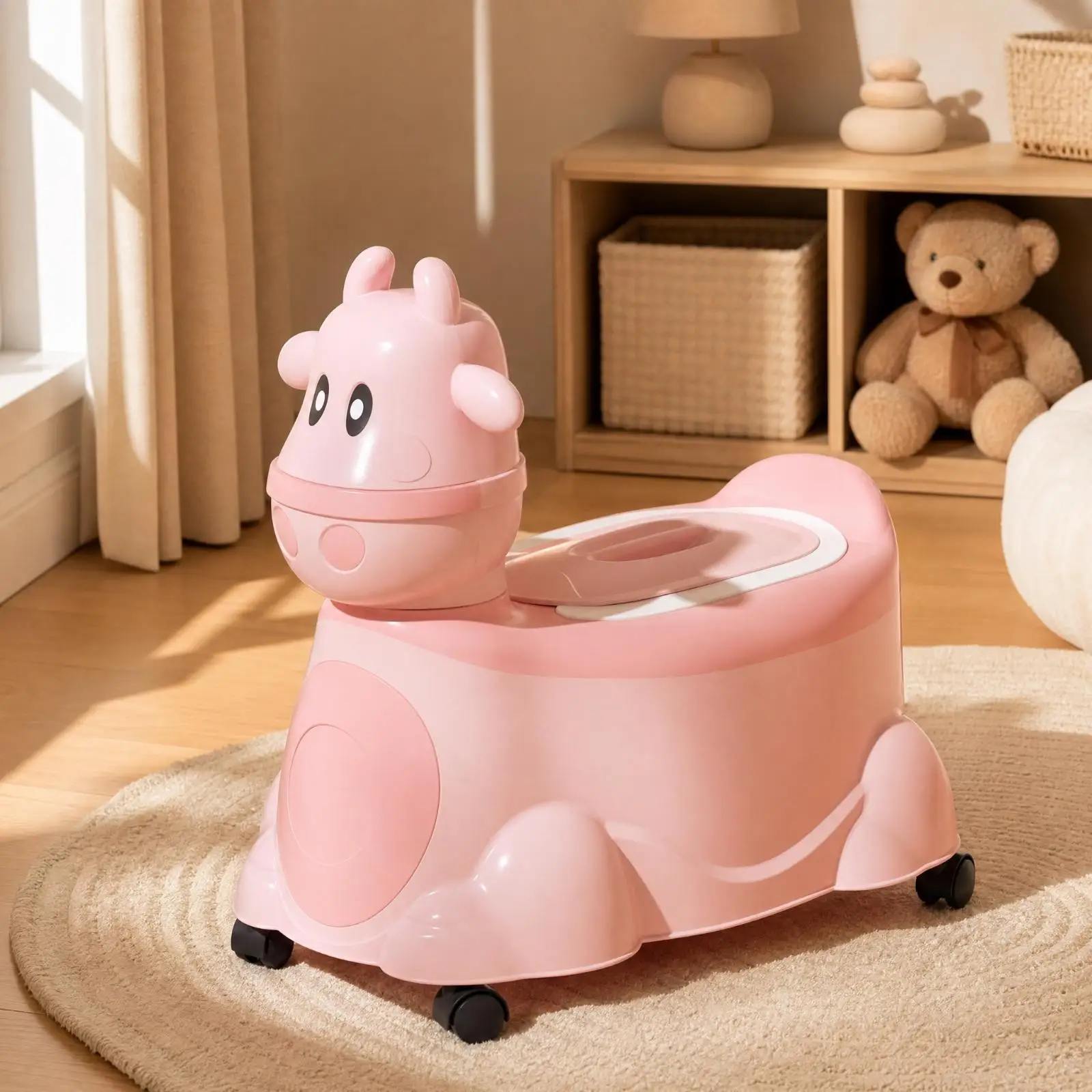 Kids Rolling Training Toilet with Caster Wheels Animal Shaped Potty Chair for Baby Bathroom Nursery Cleaning