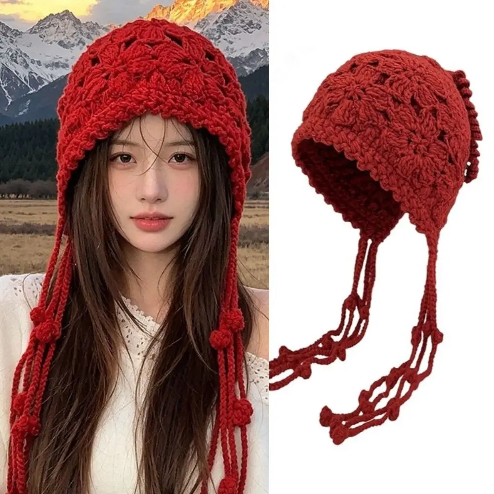 New Flower Knitted Crochet Hat Hollowed Out Ear Protector Ear Flap Beanie with Tassels Braided Turban Hat Women