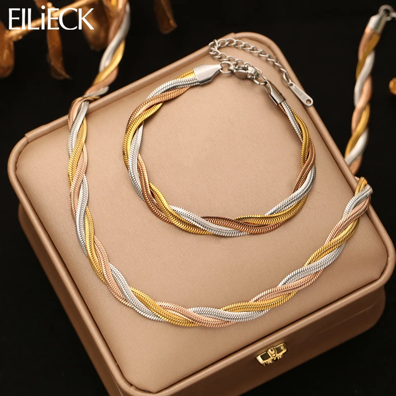 Image of EILIECK 316L Edelstahl-Metall-Tricolor-Ketten-Halsketten- und Armband-Set für Damen, modisches Statement, wasserfester Schmuck