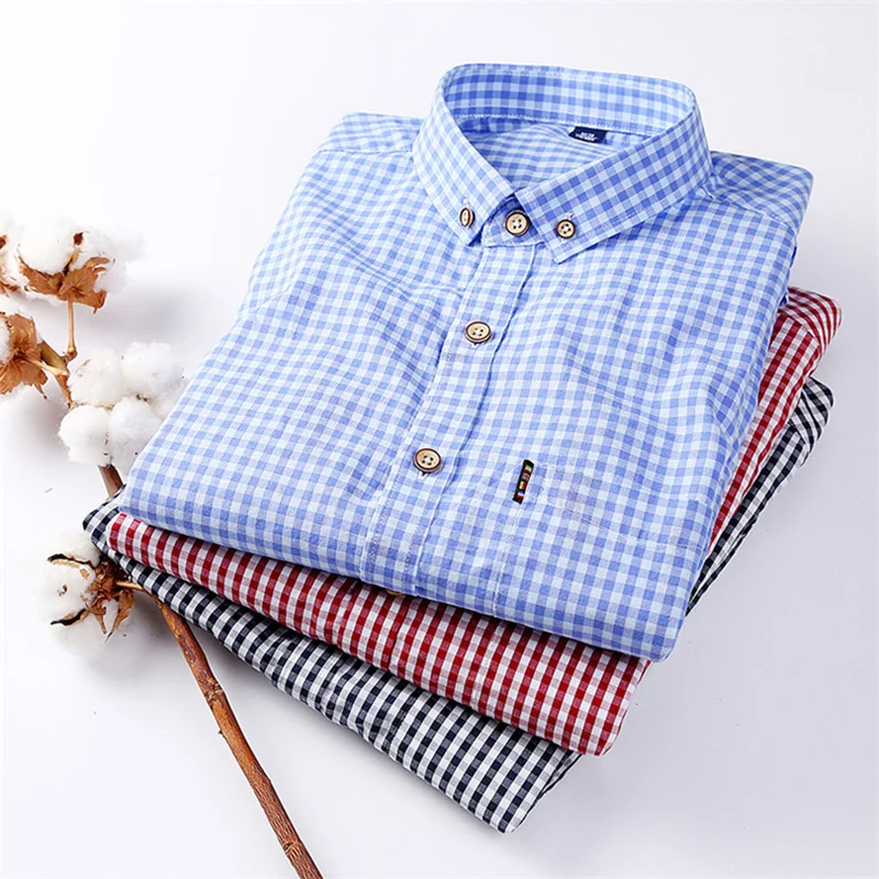 Men\'s Buttoned Down Full Sleeve Striped Checkered cotton Shirt Single Patch Pocket Quality Casual Regular-fit Plaid Dress Shirts