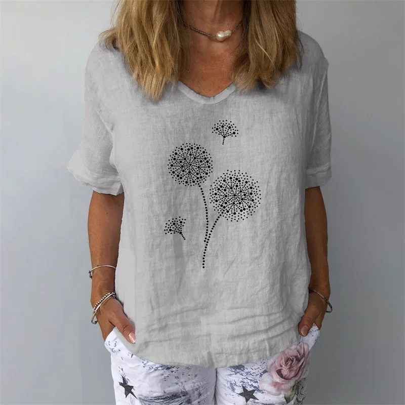 Women Dandelion Print V Neck Pullover Shirt Summer Daily Casual Loose Cotton Linen Blouse Female Simple Style Short Sleeve Tops