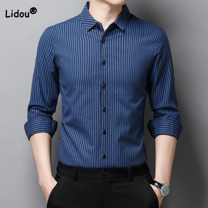 

Business Office Fashion Men's Striped Printed Button Shirt Classic Casual Short Sleeve Polo-Neck T-shirt Summer Male Clothes