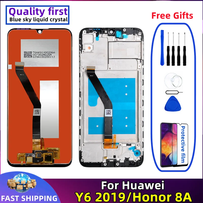 Original LCD touch screen with frame for Huawei Y6 2019, y6s honor 8A, original